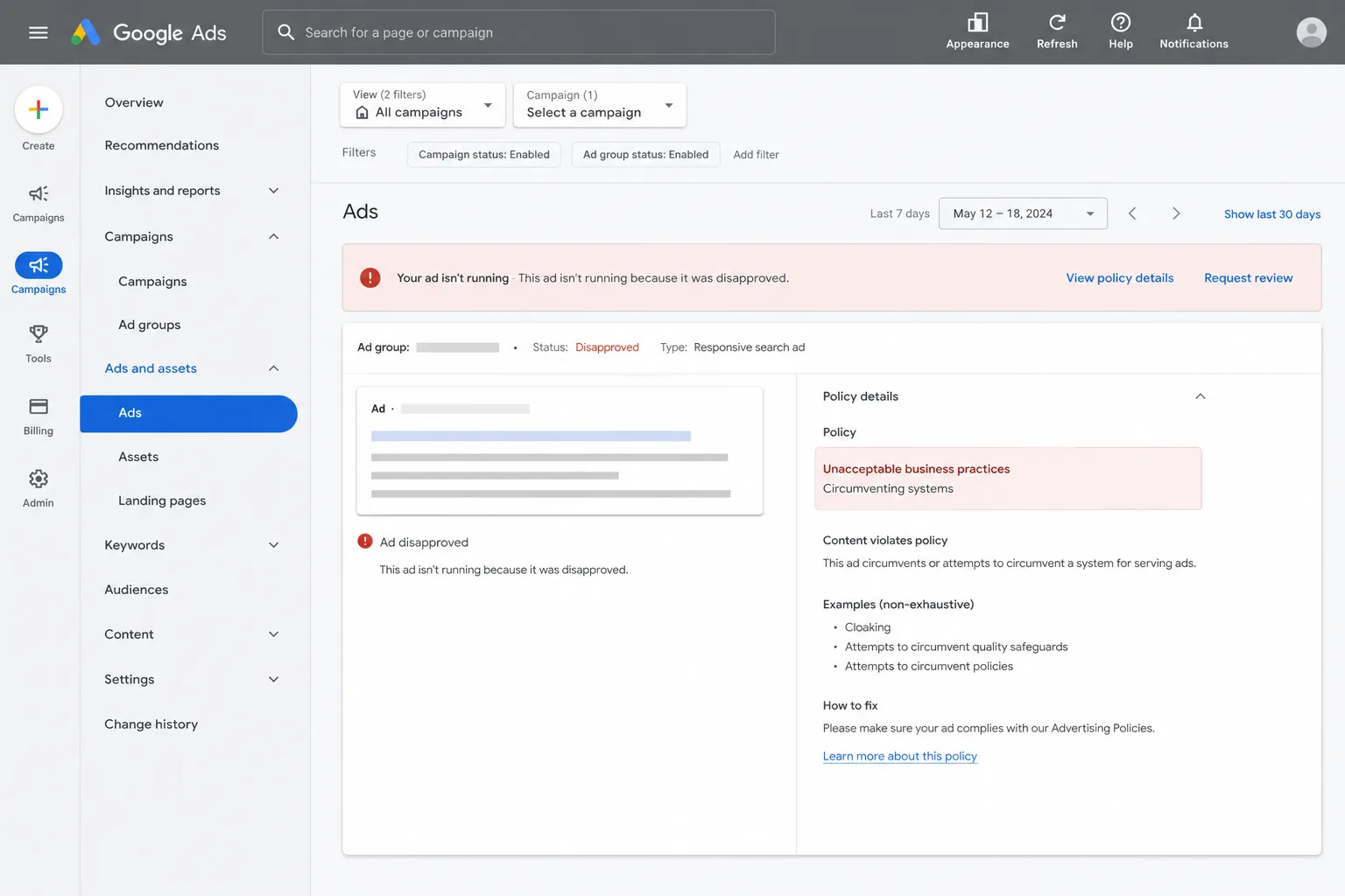 “Google Ads disapproval notice with policy details highlighted”