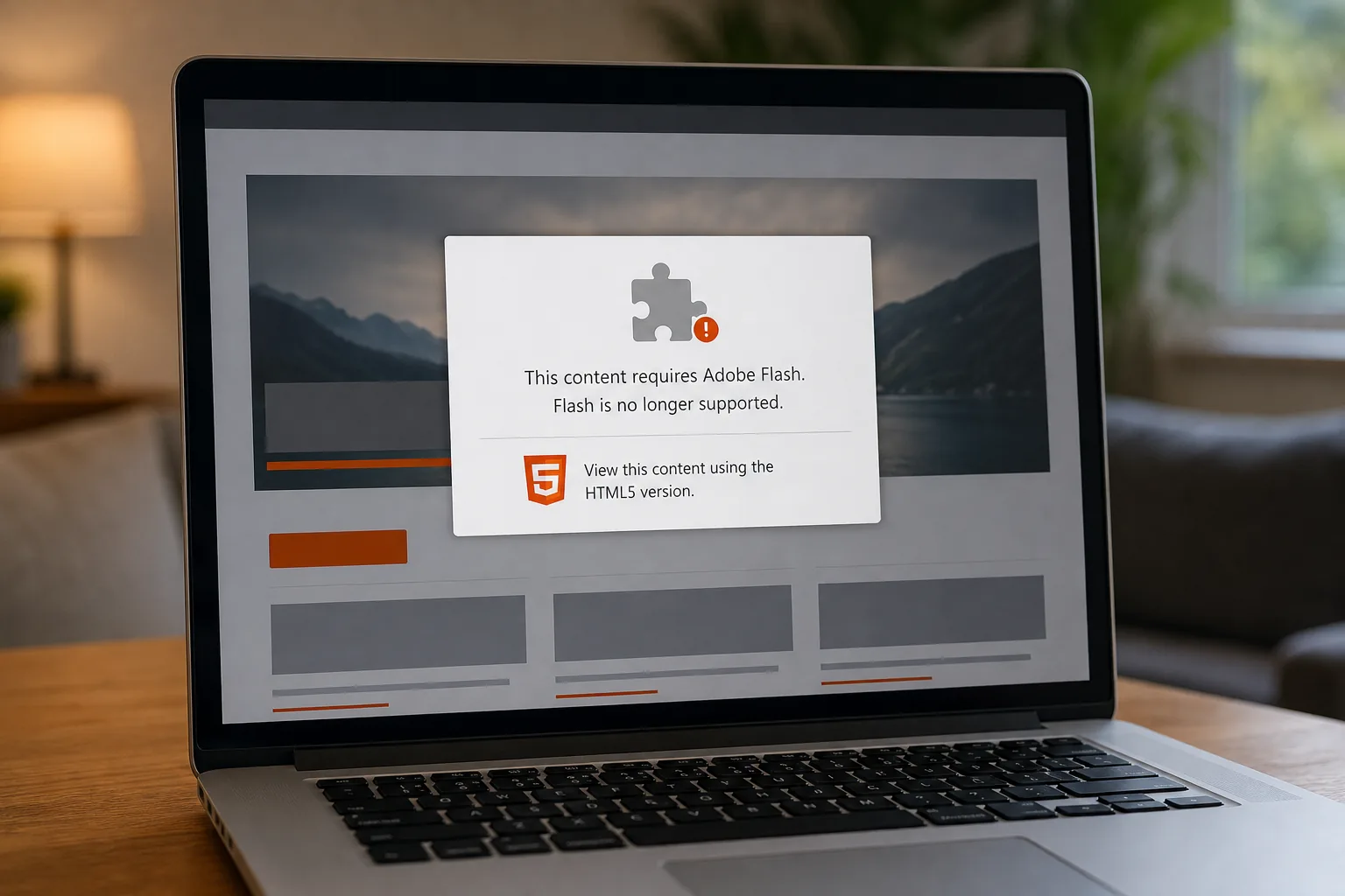 “Landing page with Flash content warning and HTML5 replacement”