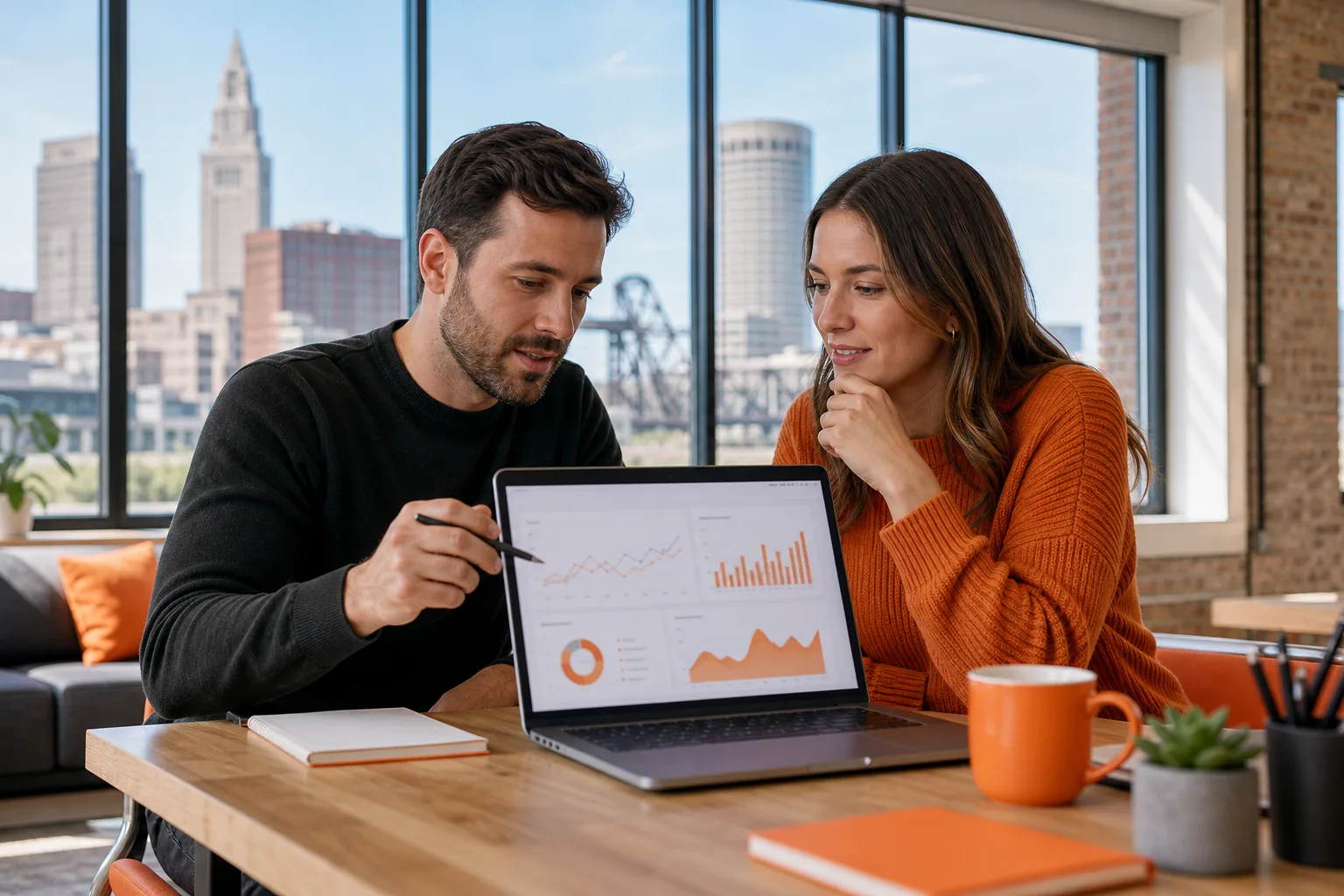 Ecommerce startup team reviewing baseline growth metrics and marketing results.