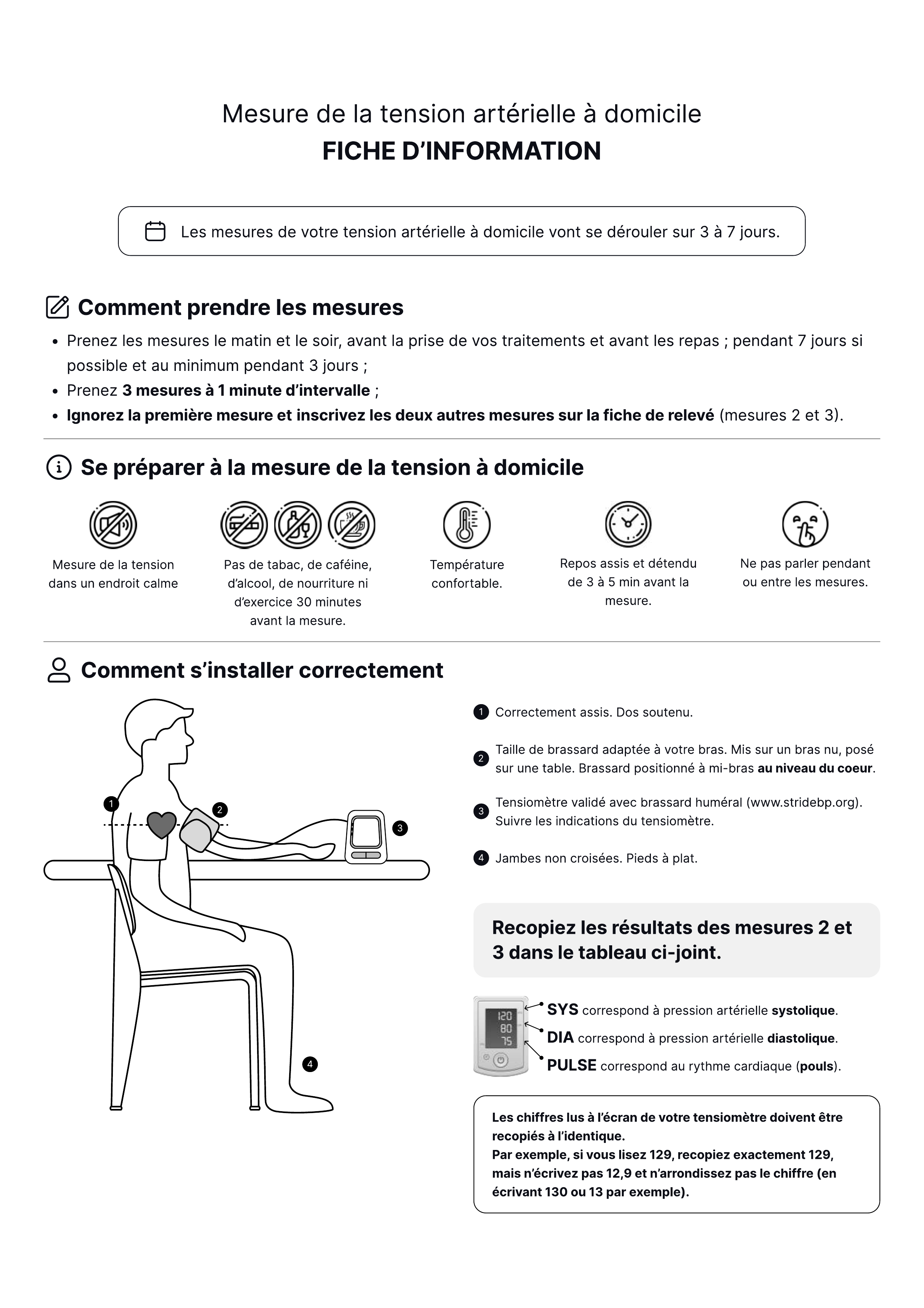Fiche automesure tensionnelle (AMT) - fiche d'information : comment prendre les mesures à domicile