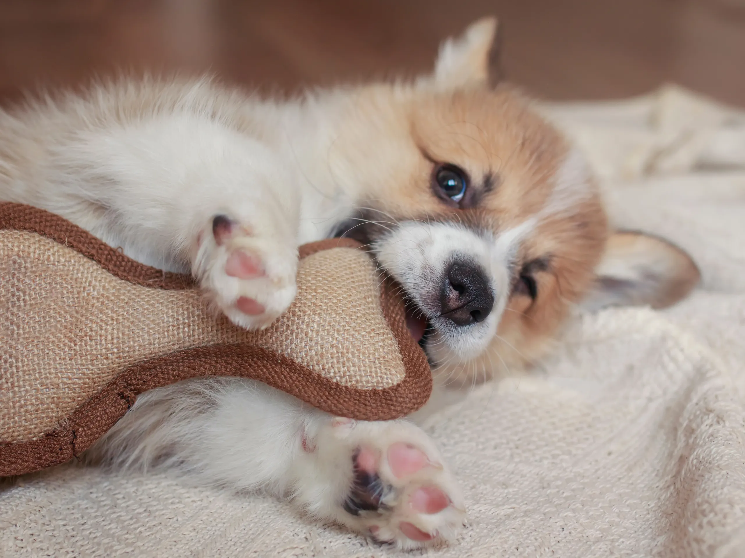 Brown-and-white puppy chewing on a stuffed bone