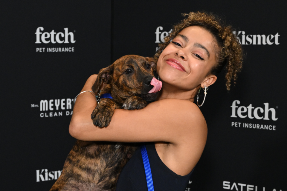 A woman with curly hair smiling and holding a brown dog at a Fetch Pet Insurance fundraiser.