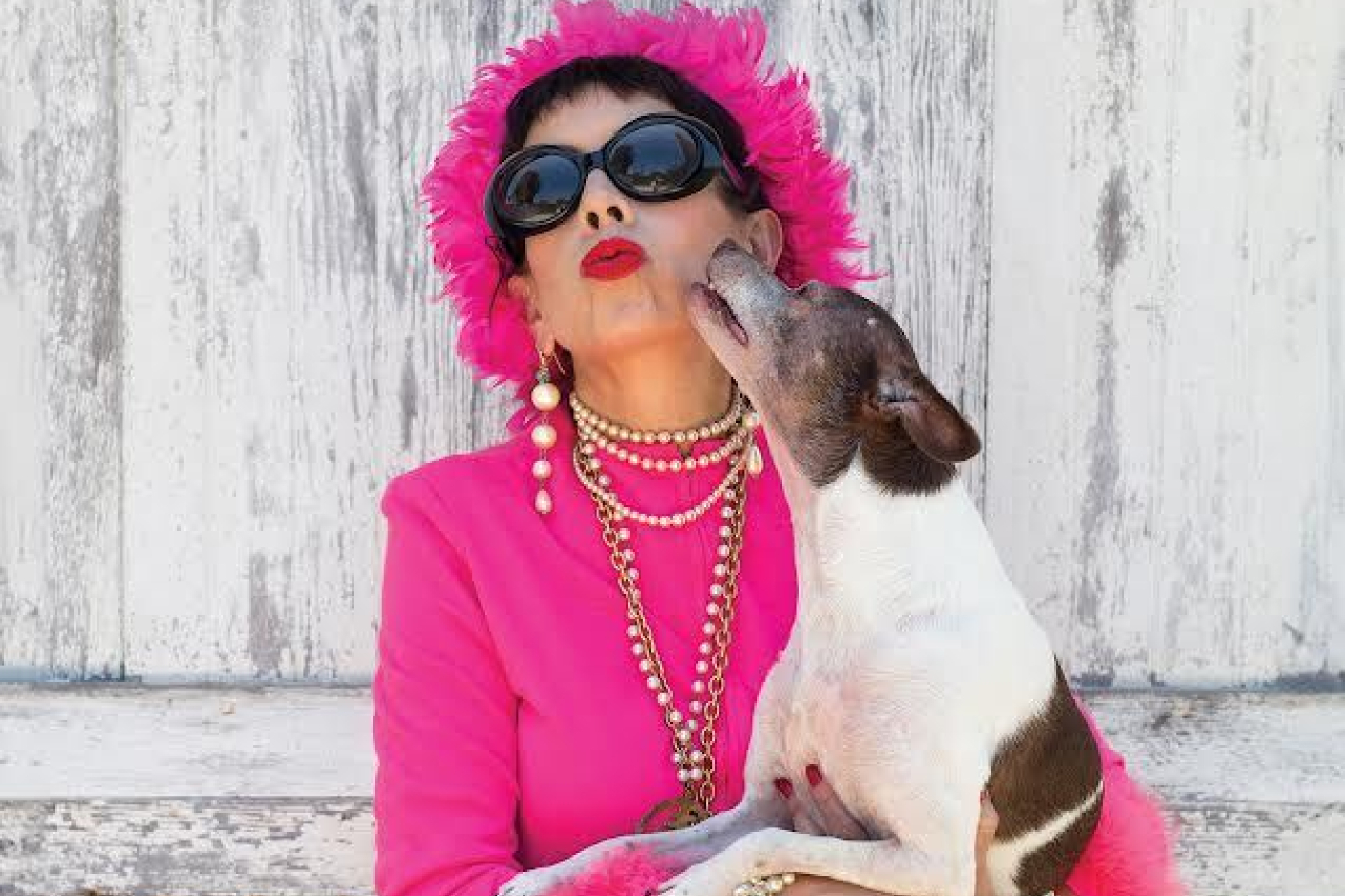 Dog kissing a woman in a pink outfit
