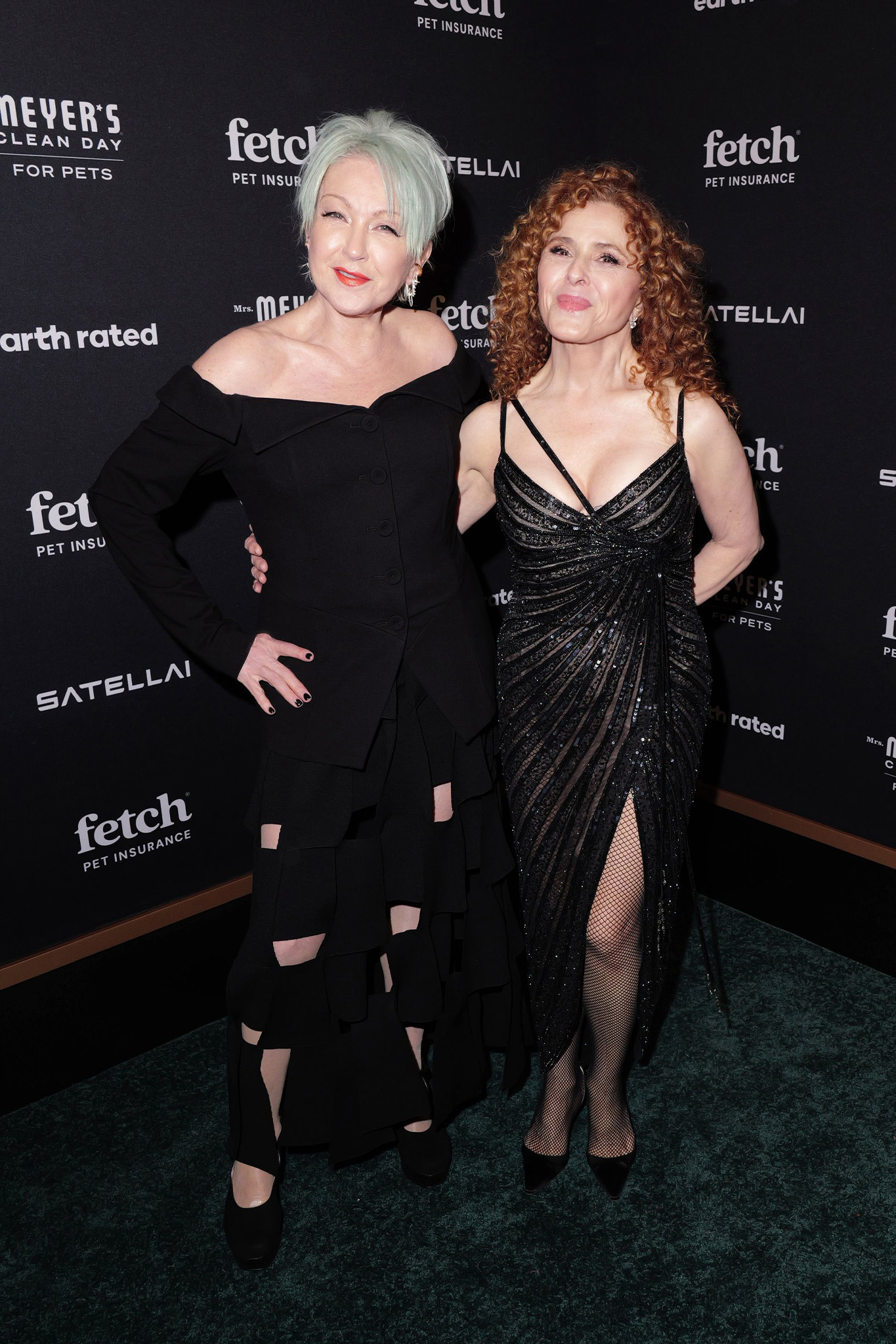 Cyndi Lauper and Bernadette Peters on the green carpet at the 2026 Fetch Pet Gala.