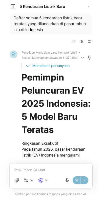 Mobile screen showing a report titled 'Pemimpin Peluncuran EV 2025 Indonesia: 5 Model Baru Teratas' listing the top 5 new electric vehicles launched in Indonesia last year.