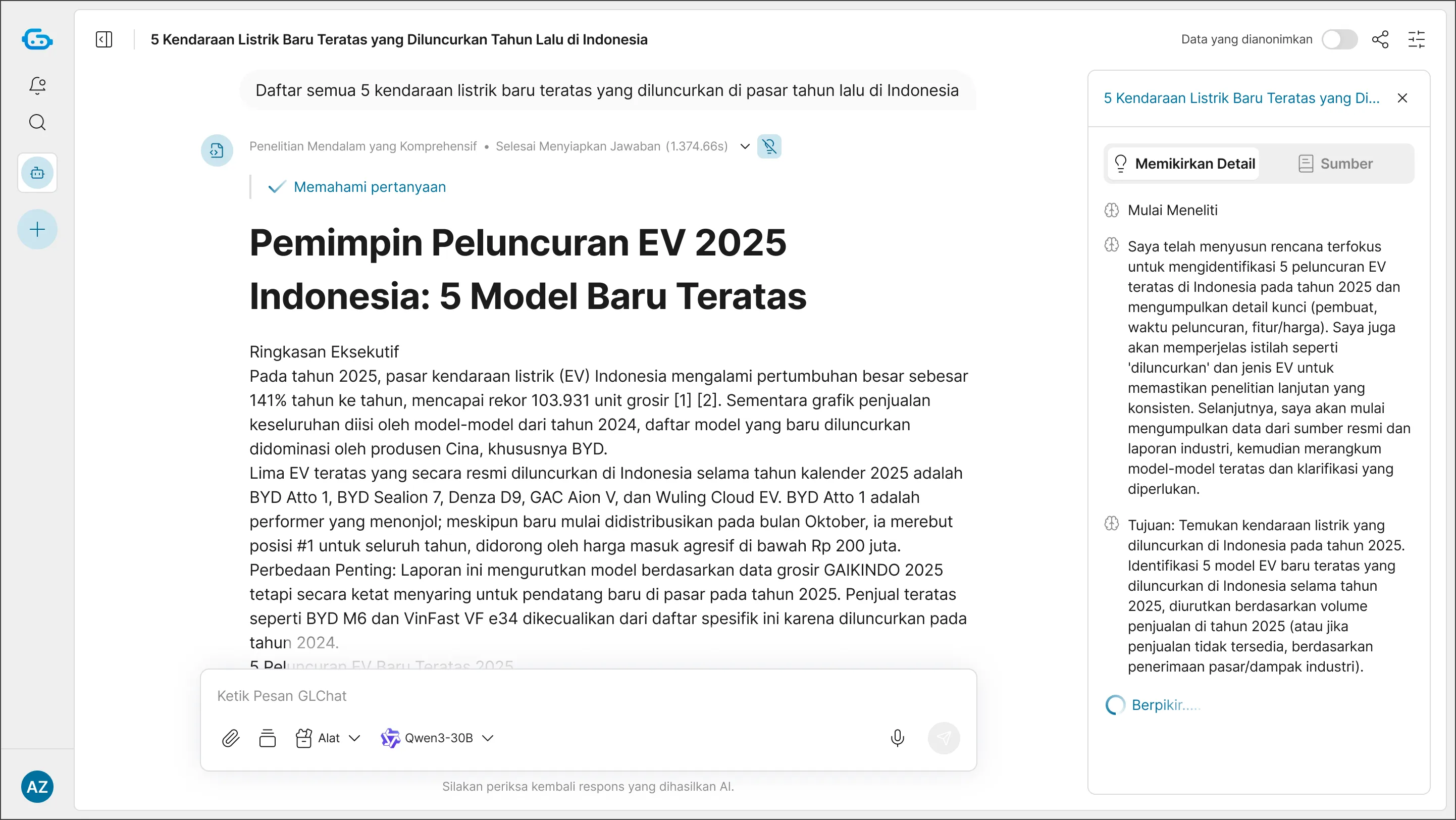 Report titled 'Pemimpin Peluncuran EV 2025 Indonesia: 5 Model Baru Teratas' showing executive summary about Indonesia's electric vehicle market growth and leading EV models in 2025.