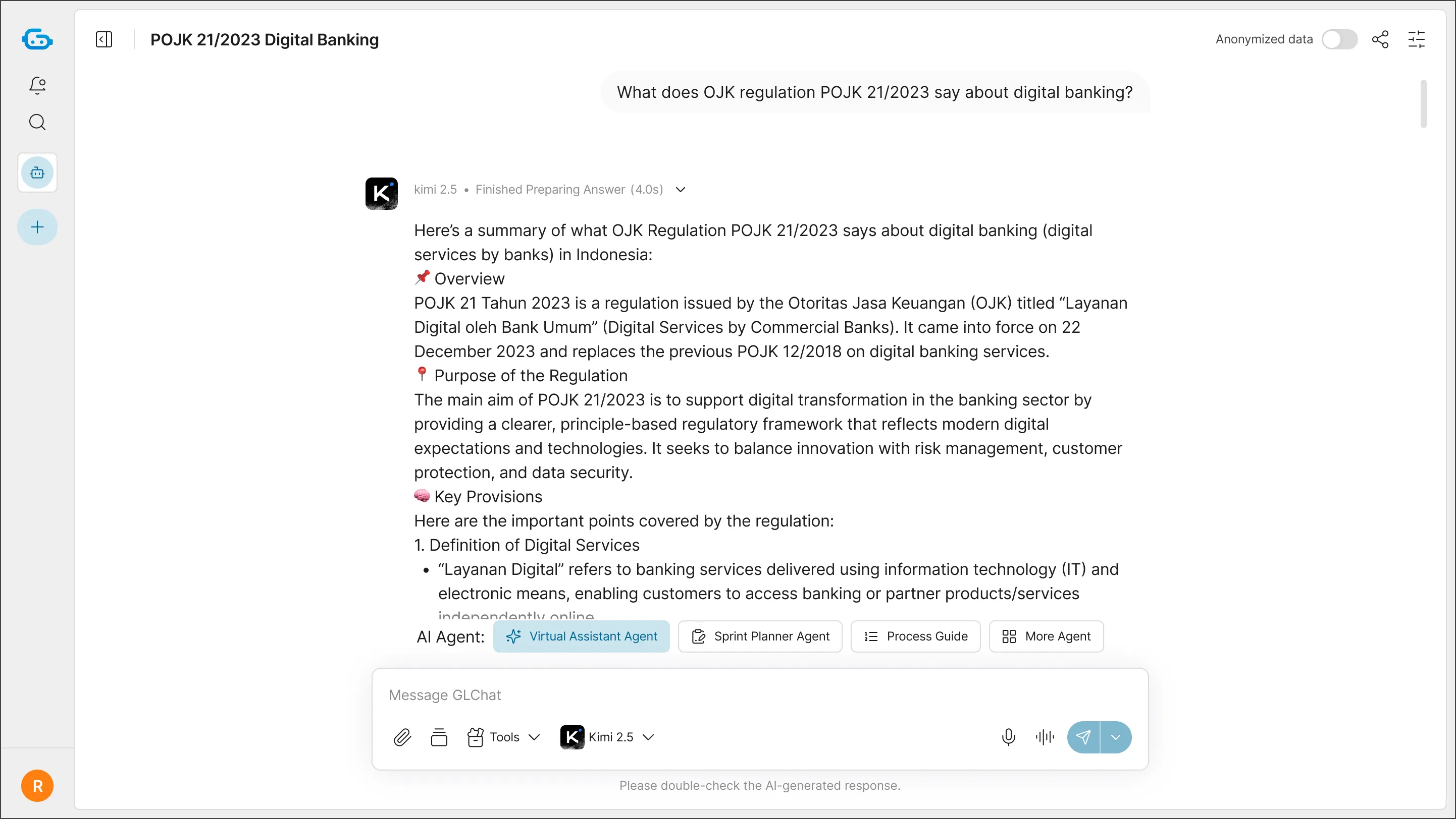 Chat interface showing a question about OJK regulation POJK 21/2023 on digital banking with a detailed AI-generated response explaining the regulation's overview, purpose, and key provisions.