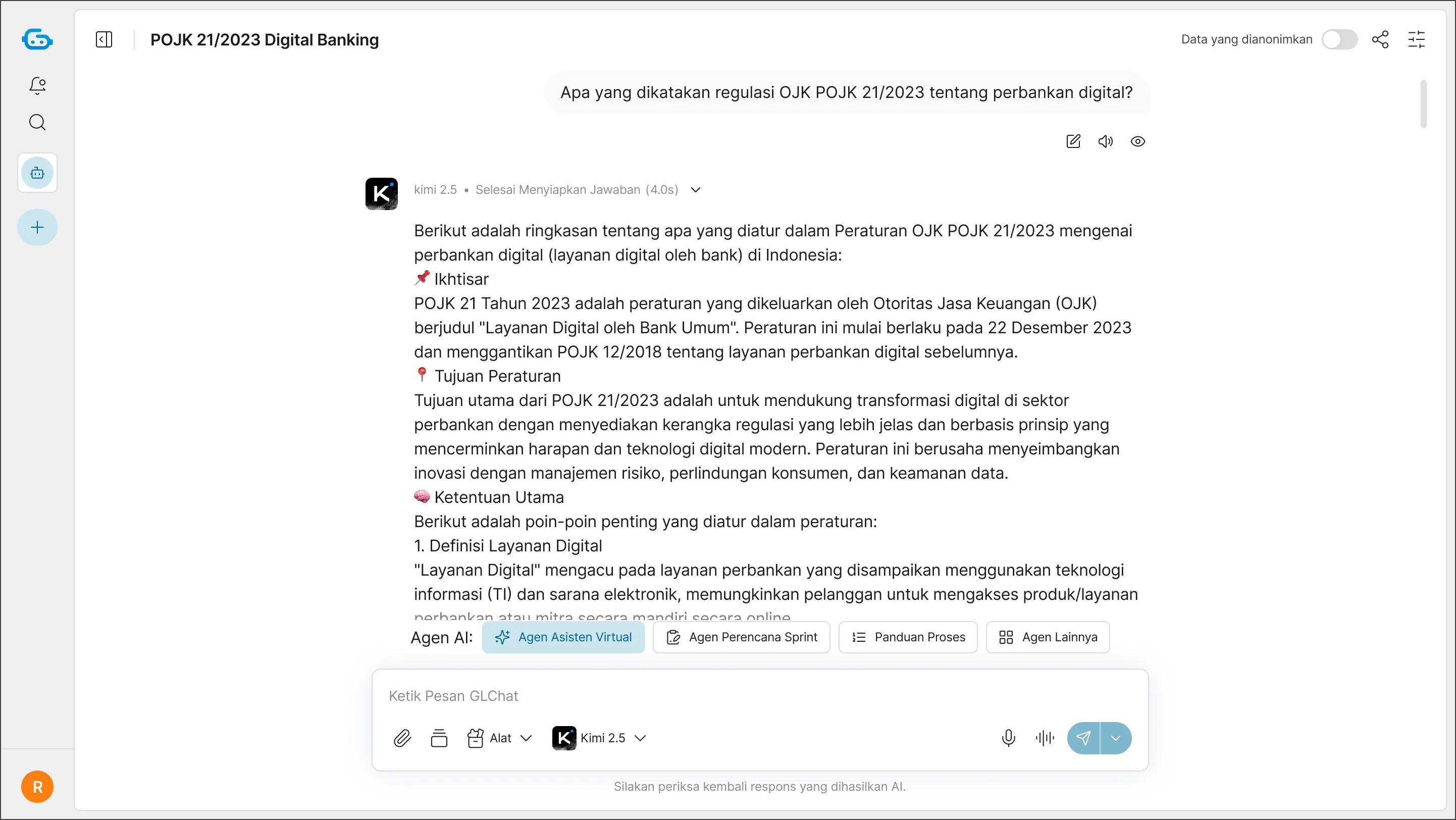 Chat interface showing a conversation about POJK 21/2023 Digital Banking regulation in Indonesian, with summary points about digital banking regulatory details.