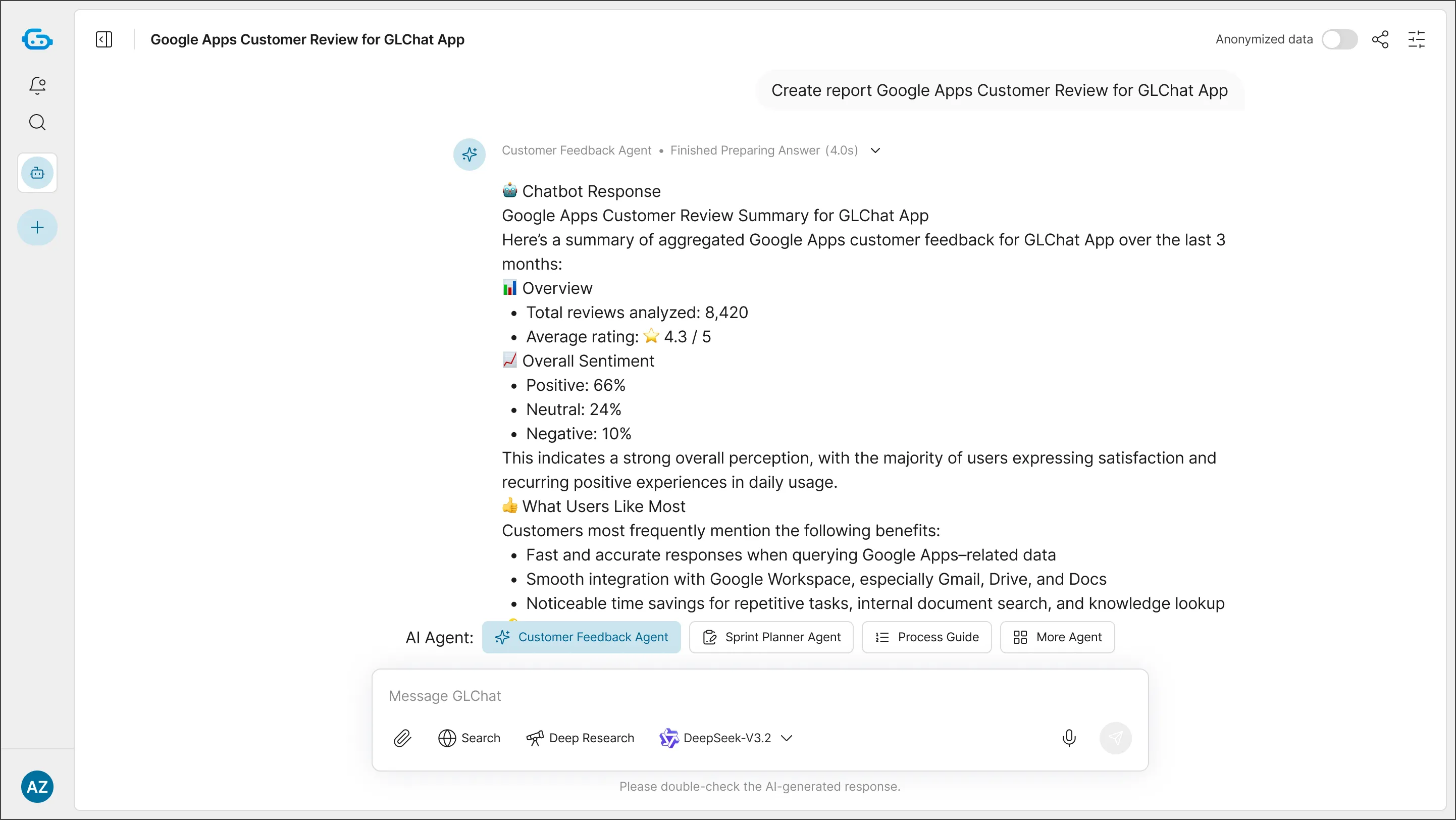 Screenshot of GLChat App interface showing a customer review summary for Google Apps with total reviews, average rating, overall sentiment percentages, and user benefits listed.
