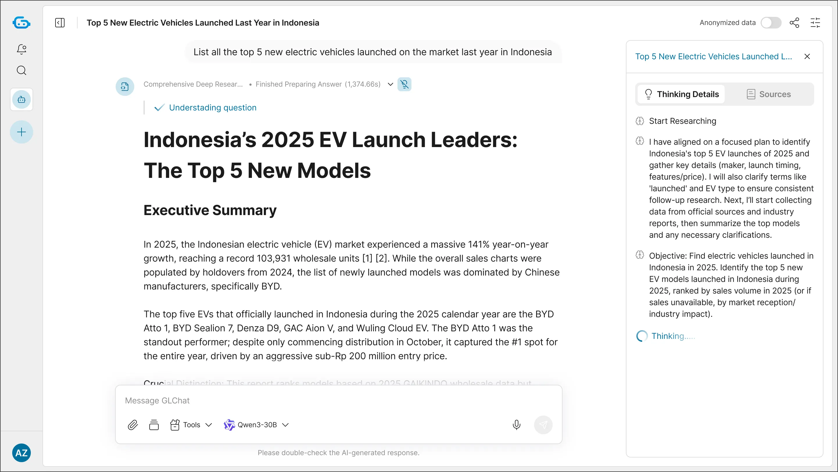 Screenshot of a report titled 'Indonesia’s 2025 EV Launch Leaders: The Top 5 New Models' detailing executive summary about Indonesia's electric vehicle market growth and top 5 EV models launched in 2025.
