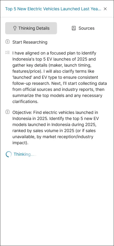 Mobile screen showing a research query on top 5 new electric vehicles launched in Indonesia, with a summary titled 'Indonesia's 2025 EV Launch Leaders: The Top 5 New Models'.