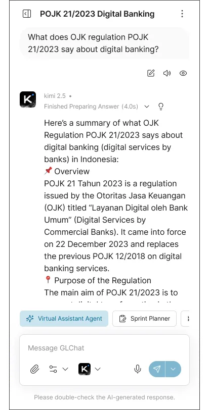 Screenshot of a chat interface showing a question about digital banking regulation POJK 21/2023 and an AI assistant providing a summary of the regulation issued by Otoritas Jasa Keuangan in Indonesia.