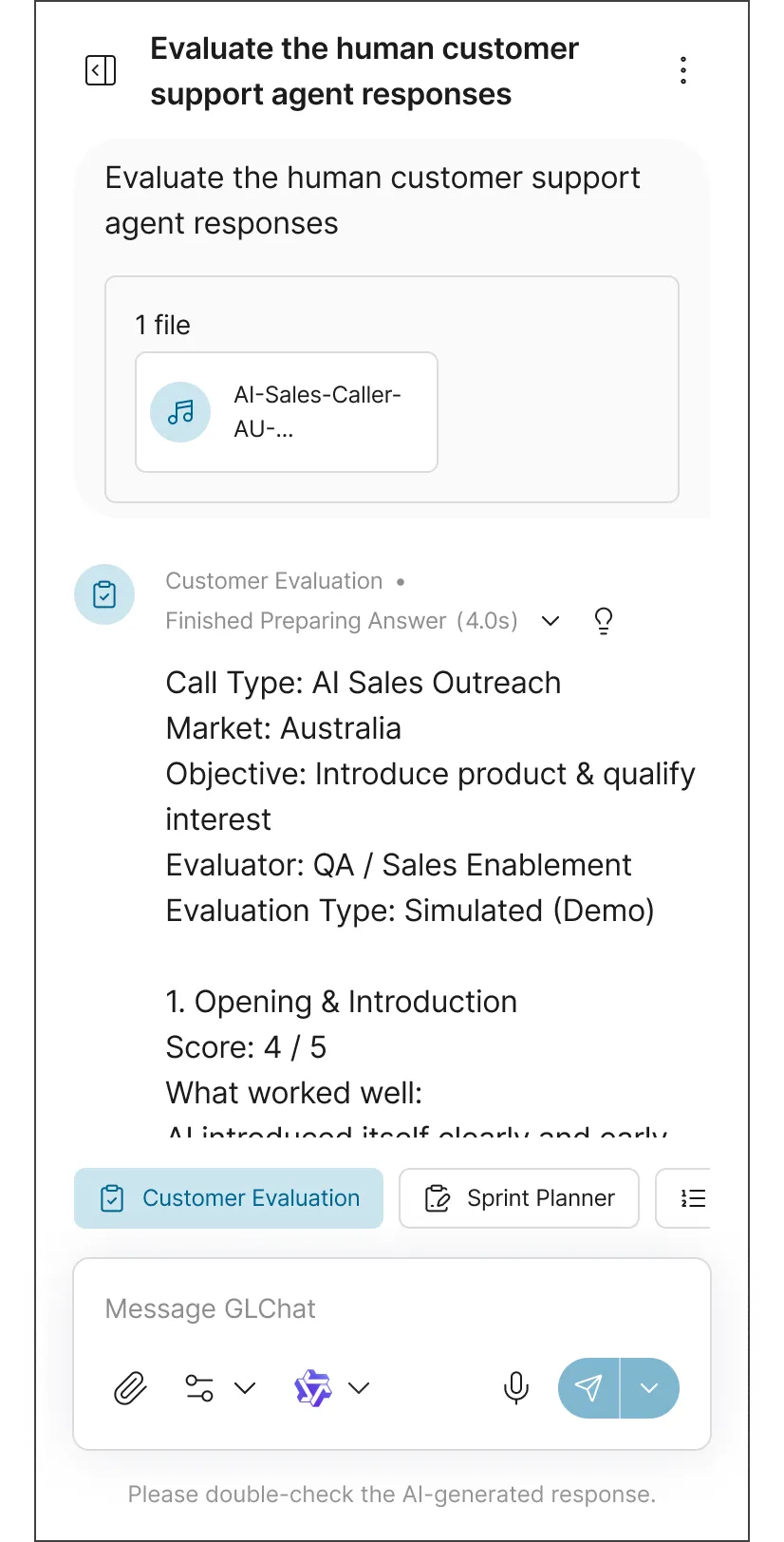 Mobile screen showing evaluation of a human customer support agent response for an AI sales outreach call targeting Australia, with score 4 out of 5 for opening and introduction, plus interface elements for messaging and navigation.