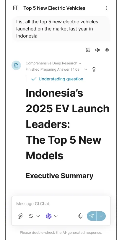 Mobile screen showing a research query on top 5 new electric vehicles launched in Indonesia, with a summary titled 'Indonesia's 2025 EV Launch Leaders: The Top 5 New Models'.