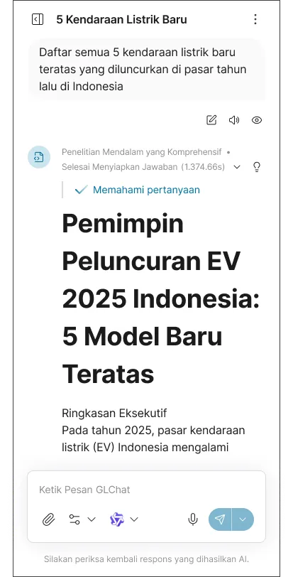 Screen showing a research plan focused on identifying five top electric vehicle launches in Indonesia by 2025 with key details and objectives.