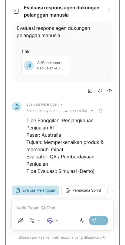 Mobile screen showing AI customer support agent evaluation for outbound sales call in Australia, including call type, market, purpose, evaluator, and evaluation type, with audio file and input text box.