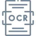 Icon of a document with the letters OCR and scanning brackets around it, symbolizing optical character recognition.