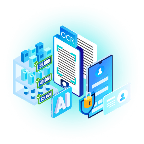 Illustration of AI-powered OCR processing documents with checkmarked data and a secured mobile interface with user profiles.
