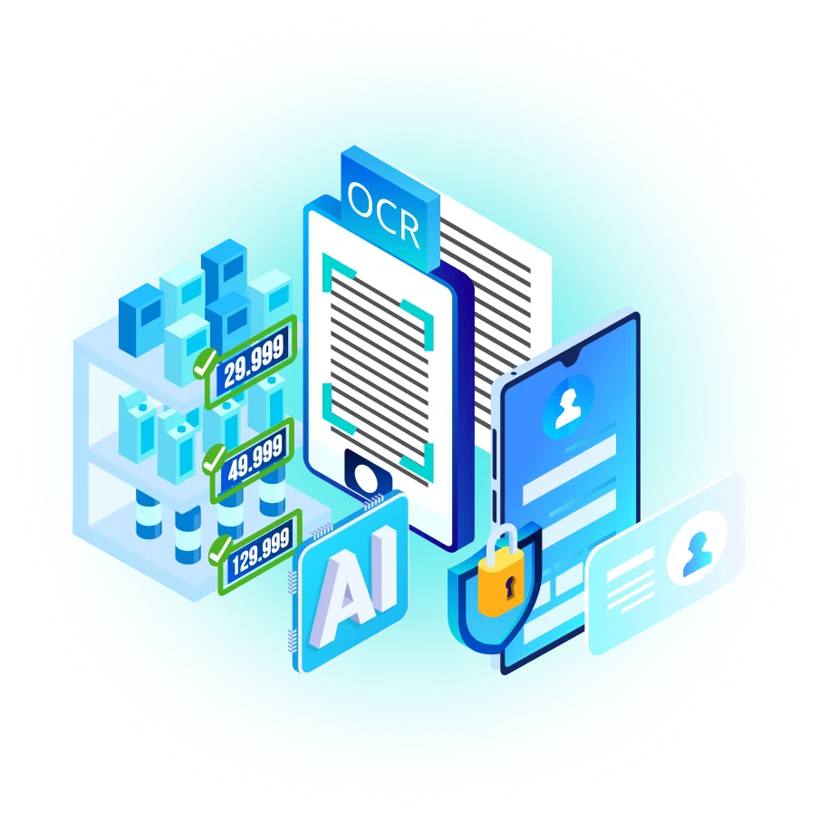Illustration of AI-powered OCR processing documents with checkmarked data and a secured mobile interface with user profiles.