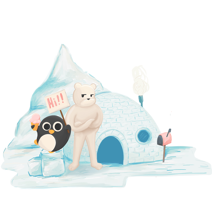 Pingu Lingo and Polo next to an igloo