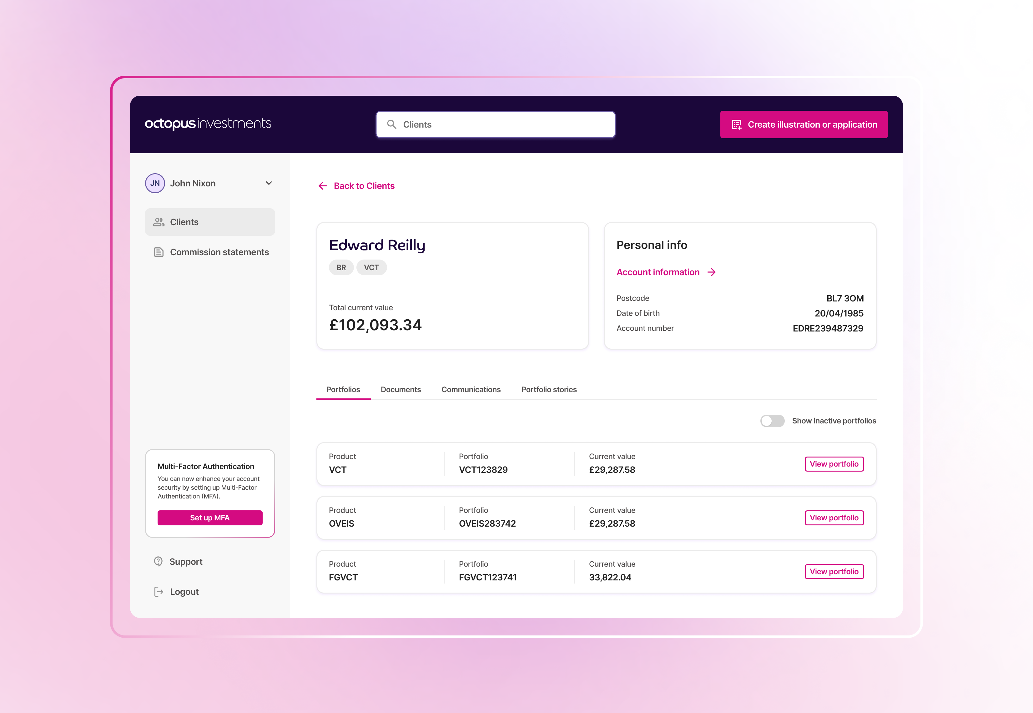 Octopus Investments dashboard showing client Edward Reilly's portfolios and personal info with values and navigation options.