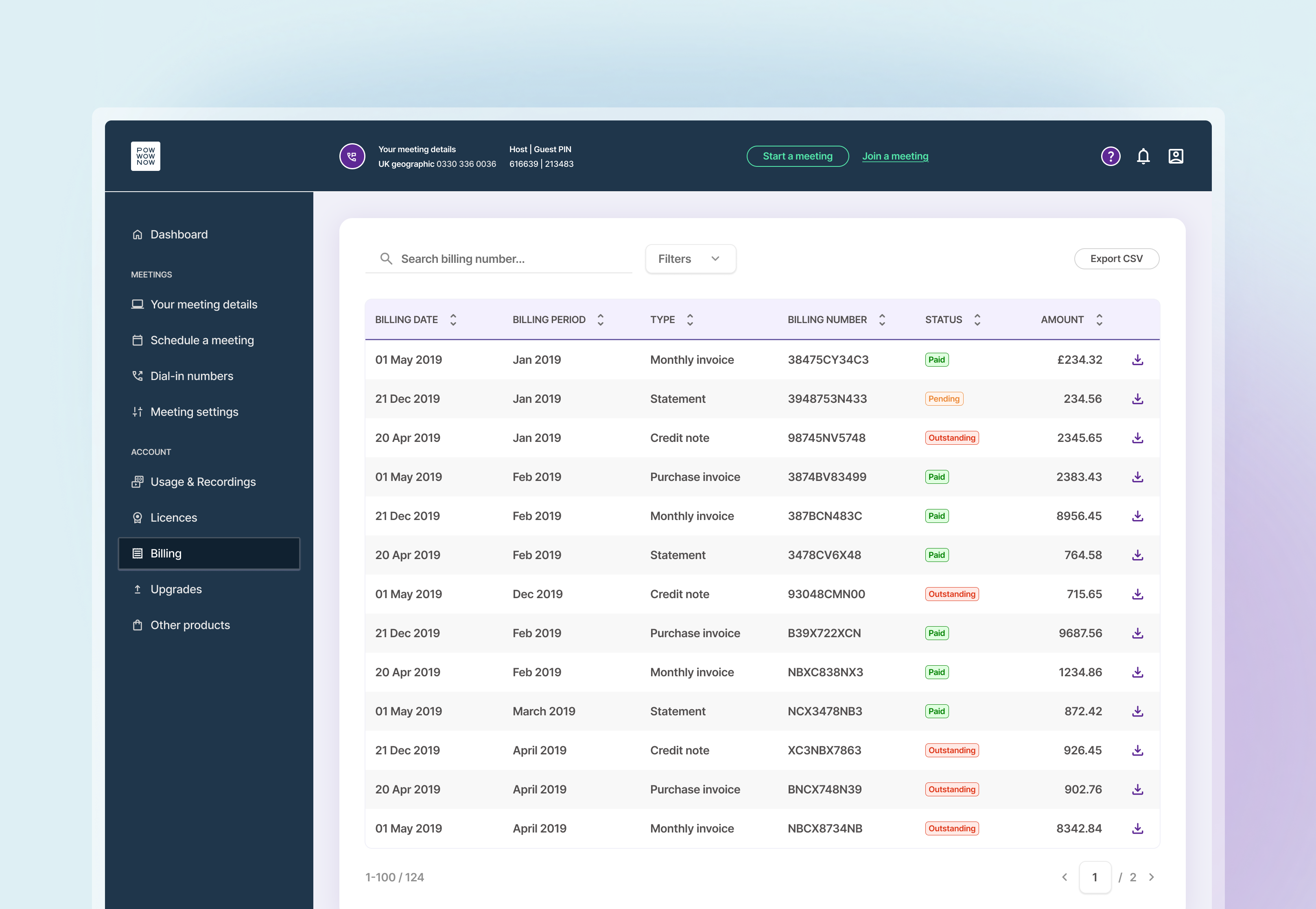 Billing dashboard table showing dates, types, statuses, and amounts of multiple invoices and statements.