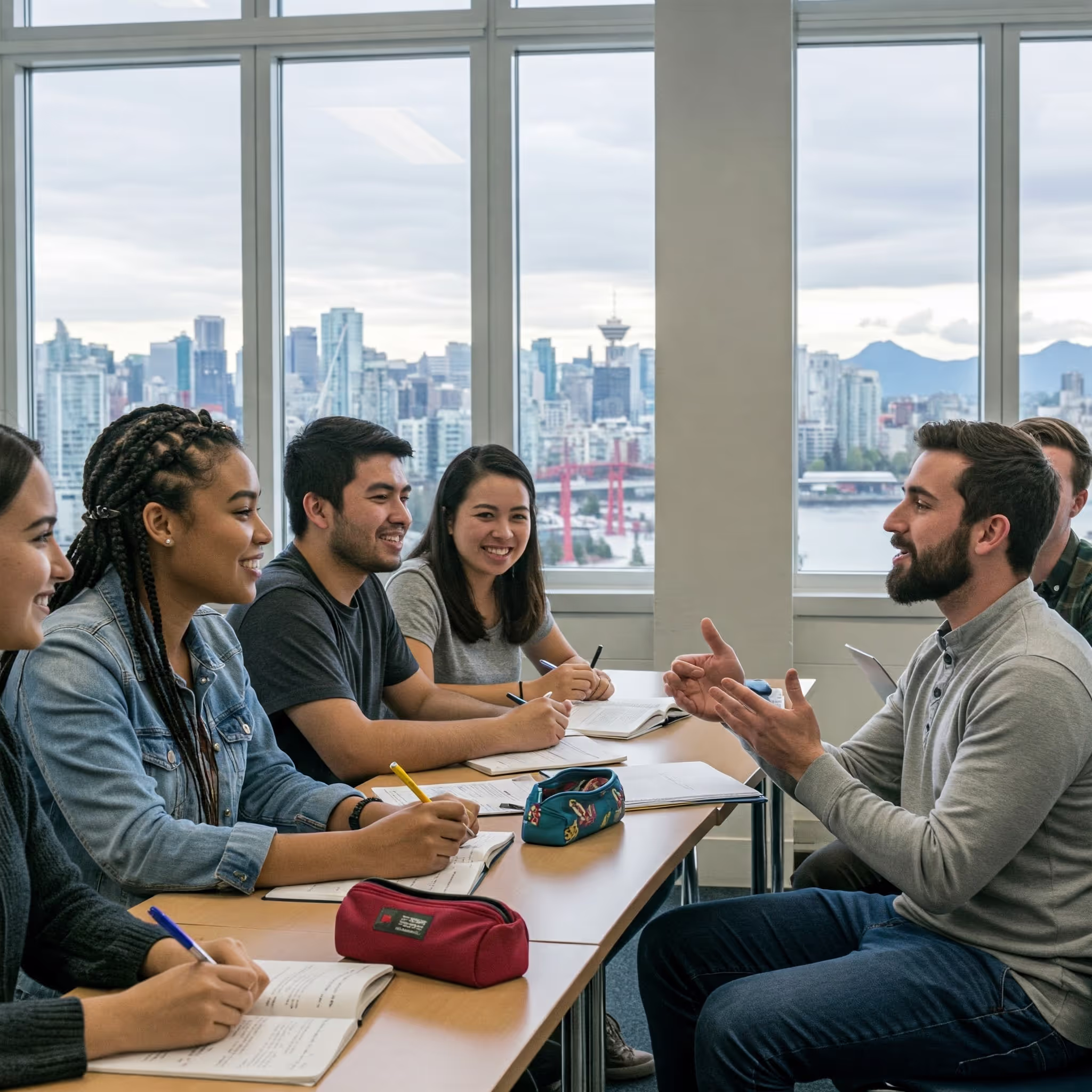 Grupo de estudiantes recibiendo una clase de inglés en Canadá, en lo que parece ser Vancouverm pues se ve al fondo Harbour Centre (Vancouver Lookout). 