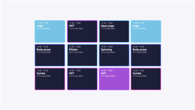 Fitness class timetable showing sessions like Yoga, HIIT, Aqua yoga, Body pump, Pilates, Spinning, and Zumba with time slots and attendance filled out of 15.