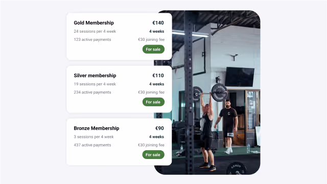 Gym membership options listing Gold, Silver, and Bronze plans with prices and session details next to a photo of a man lifting a barbell overhead in a gym.