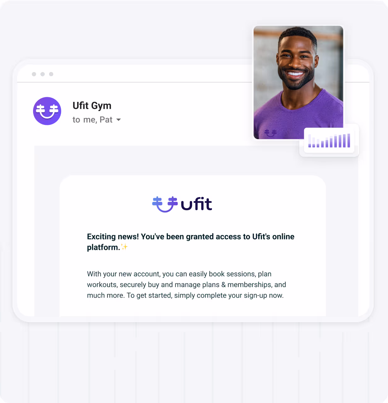 Email screenshot from Ufit Gym granting access to Ufit's online platform with account benefits and a smiling man in a purple shirt.