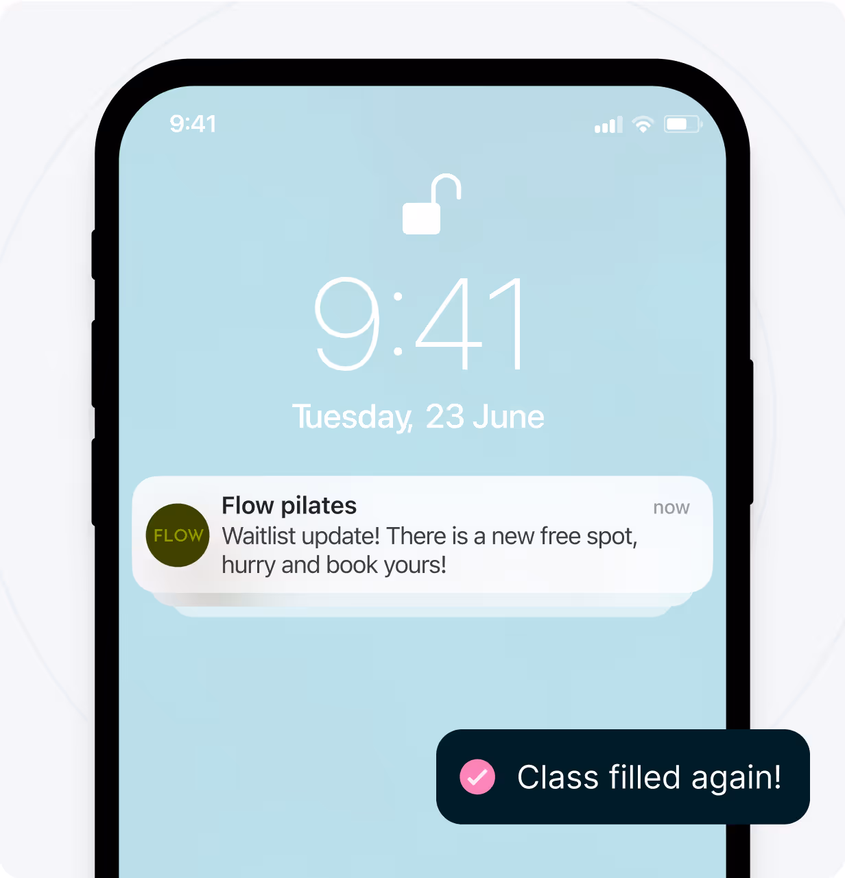 Smartphone lock screen showing a notification from Flow pilates about a new free spot with a message overlay saying 'Class filled again!'