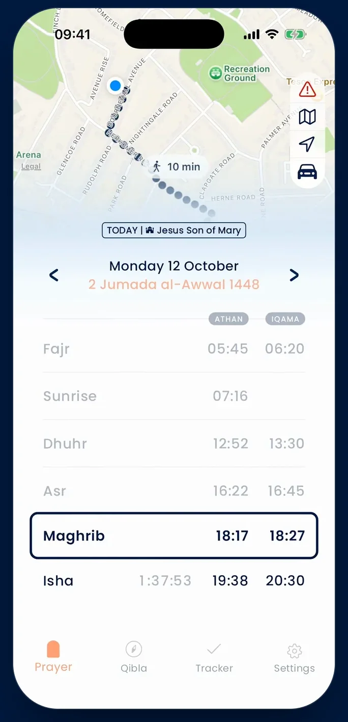 A mosque timetable with athan and iqama times in Pillars