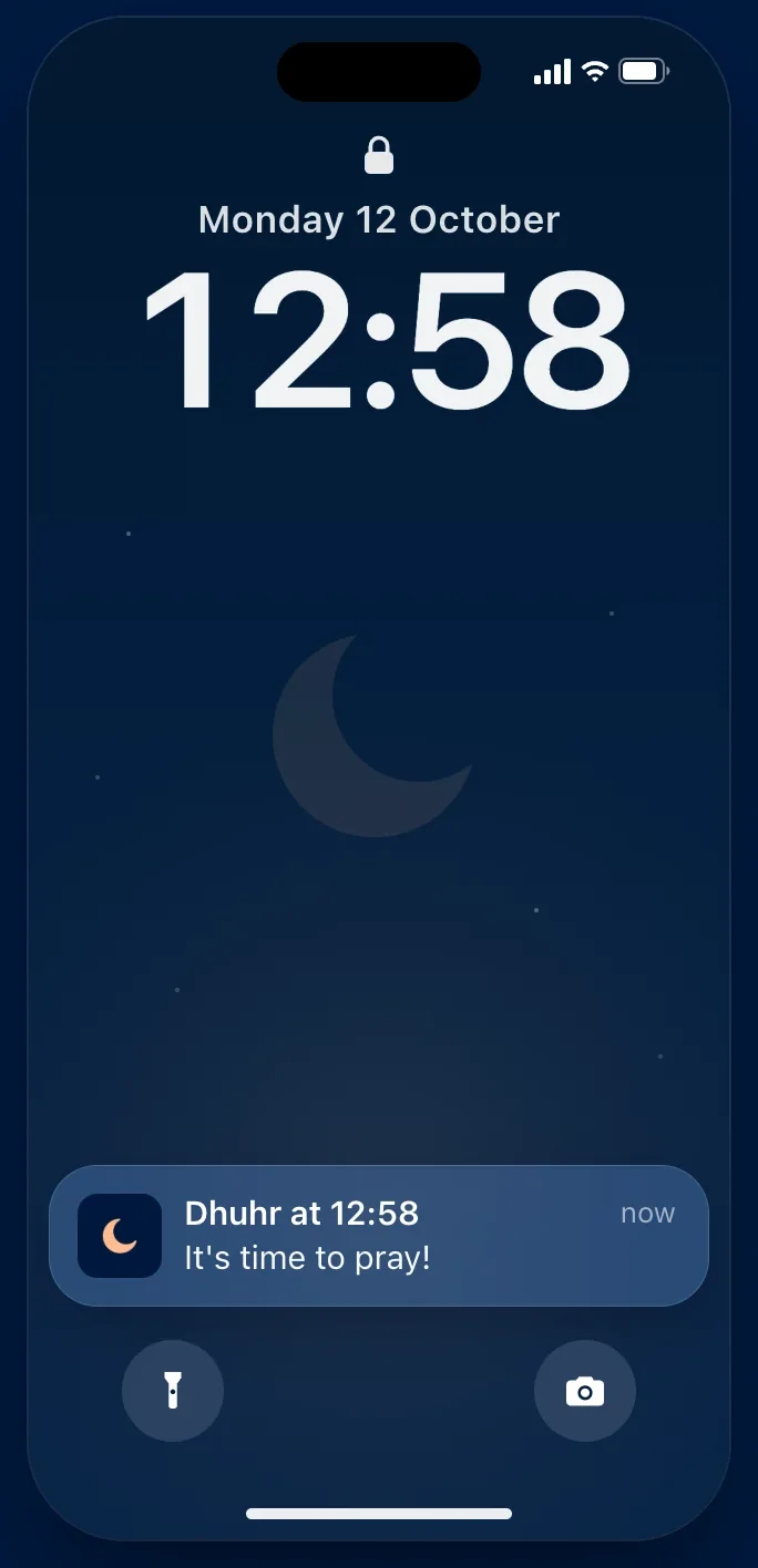 A Pillars prayer time notification on an iPhone Lock Screen