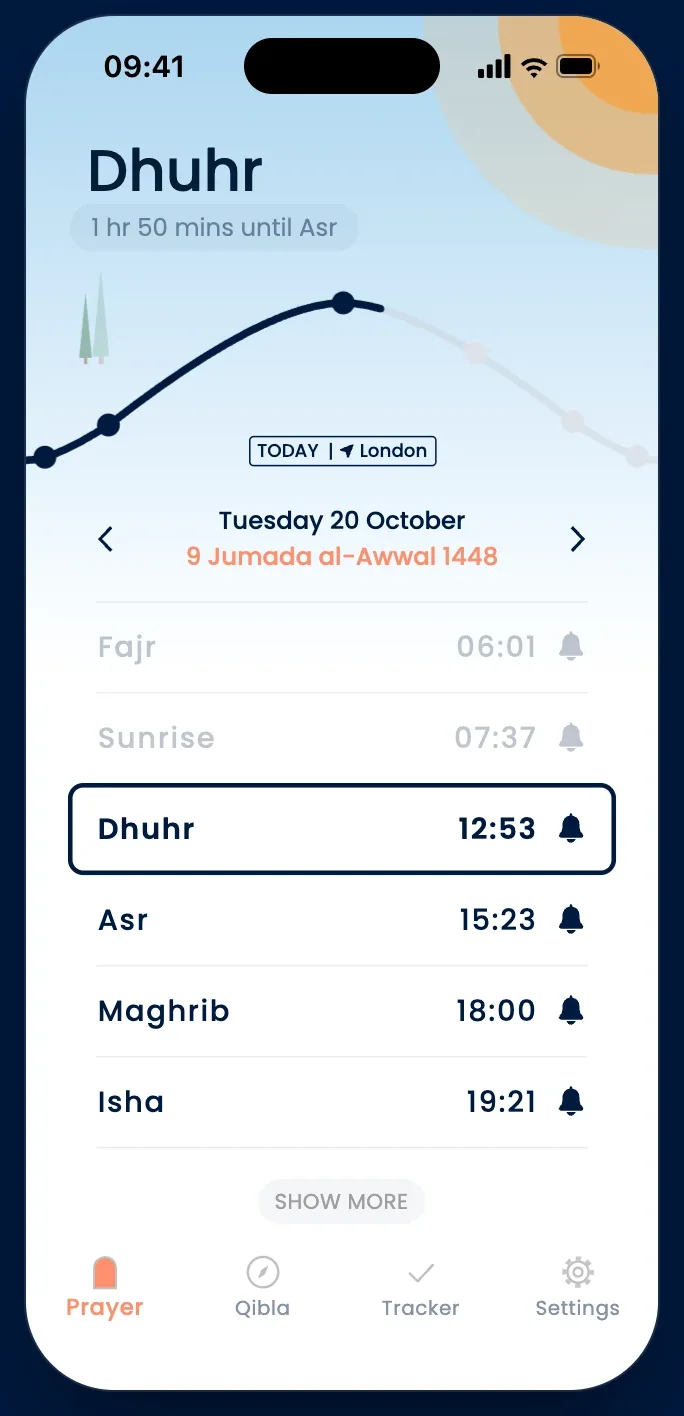 The Pillars prayer times screen, with no ads