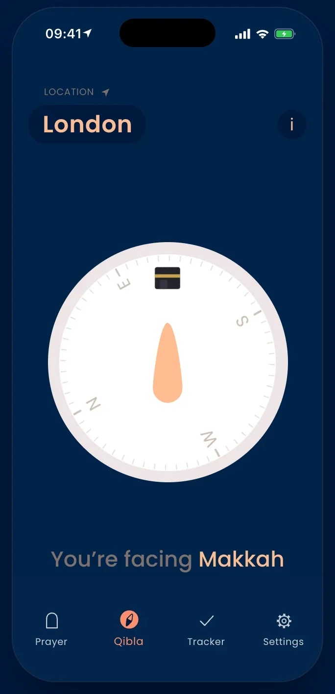 The Pillars Qibla compass pointing towards the Kaaba