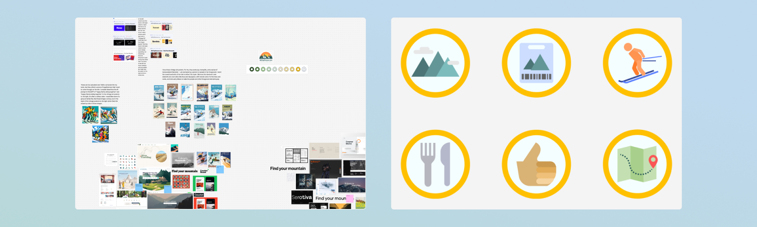 A screenshot of moodboards and visual design references next to six badge-style icons.