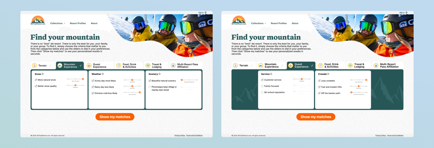 Mockups showing two different tabs of the SkiTripPlanner web interface.
