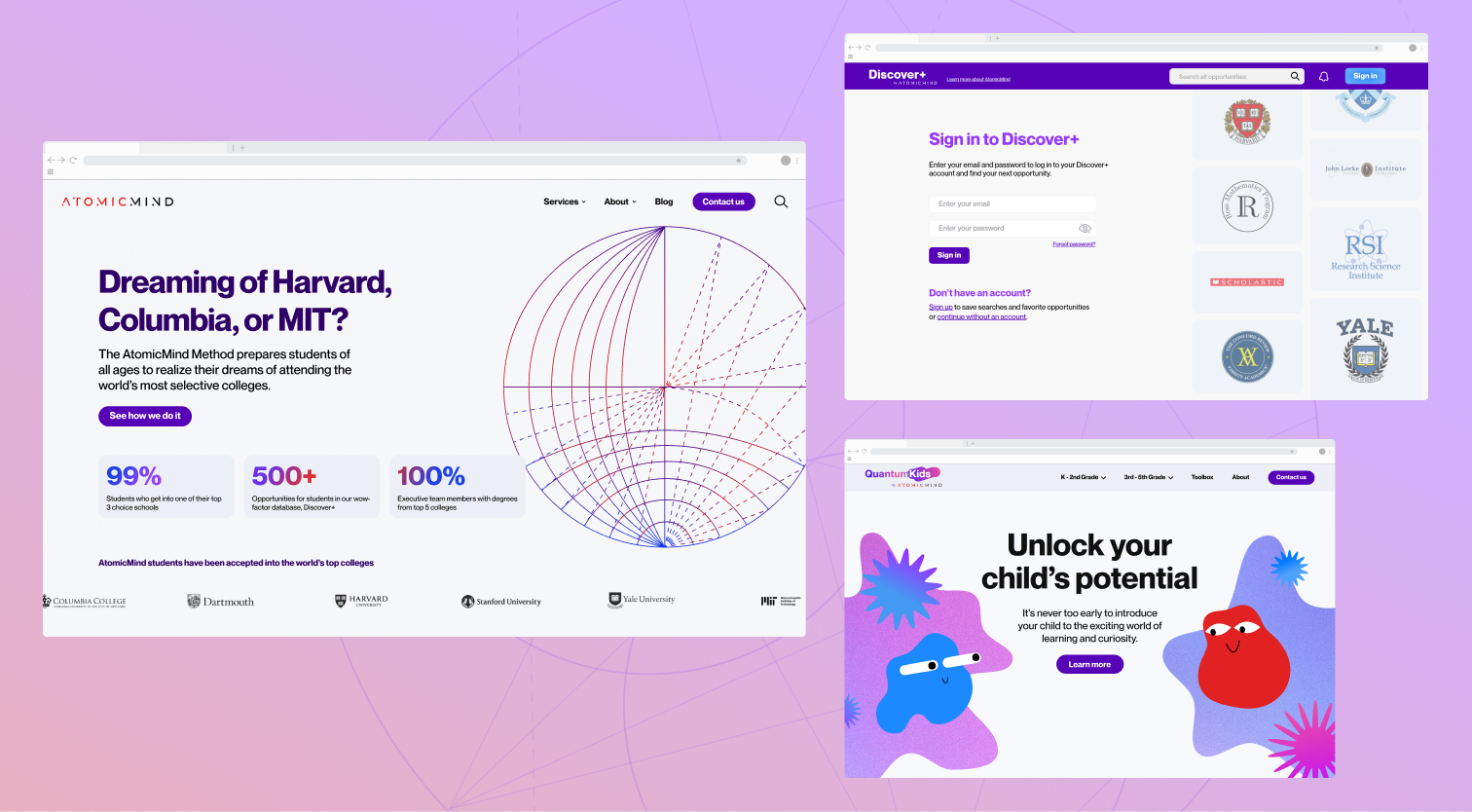 Three mockups of the current AtomicMind website homepage, Discover+ sign in screen, and QuantumKids homepage.