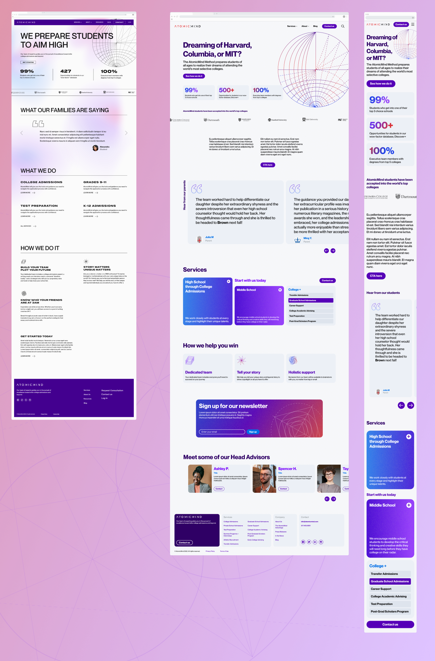 Mockups of the first website iteration next to the second website iteration in desktop and mobile.