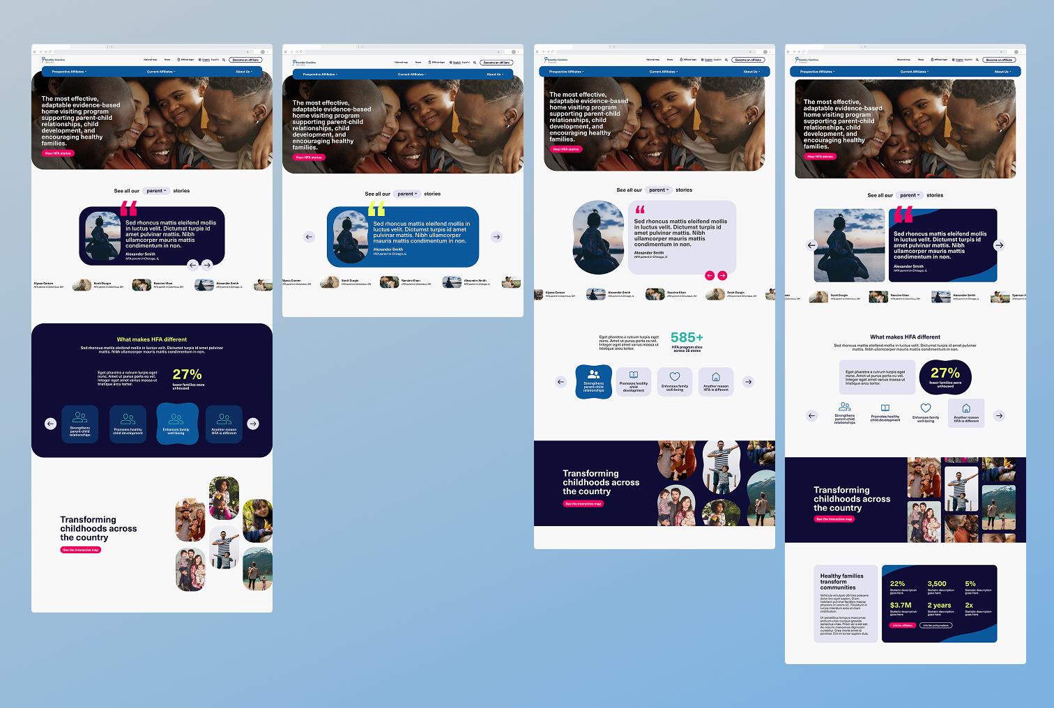 High fidelity design explorations of the homepage of the new HFA site.
