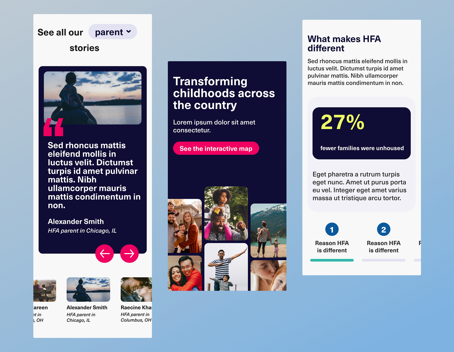 Mobile mockups of the high fidelity designs for the new HFA site.