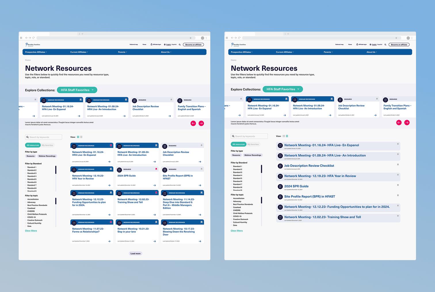 Mockups of the card and list view of the new HFA resource library.