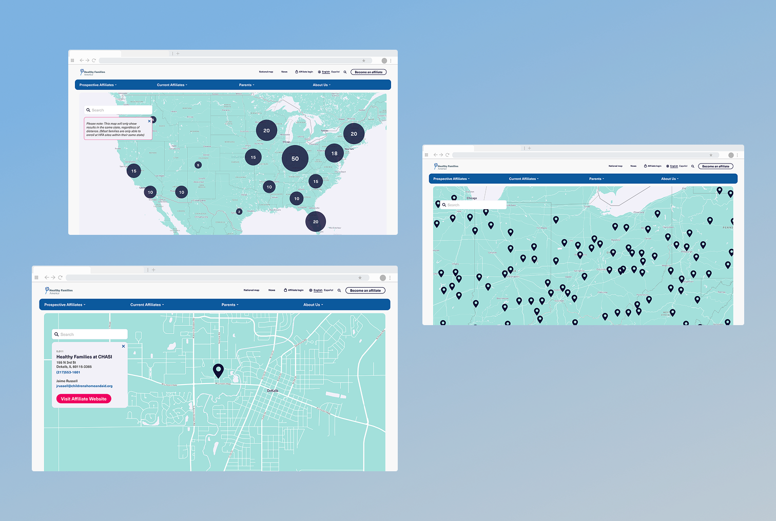 Three mockups of the new HFA affiliate map, depicting clustering at the farthest zoom distance, single pins at another level, and a focused single pin and sidebar.