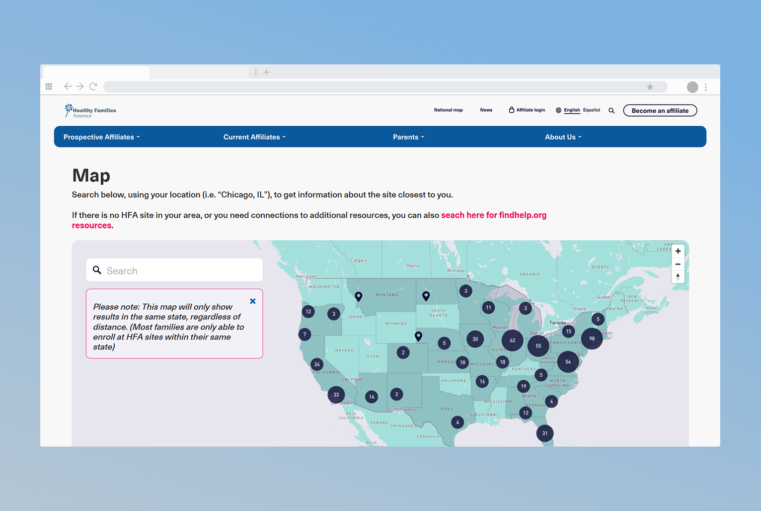Mockup of the new HFA map design within the page depicting the search function.