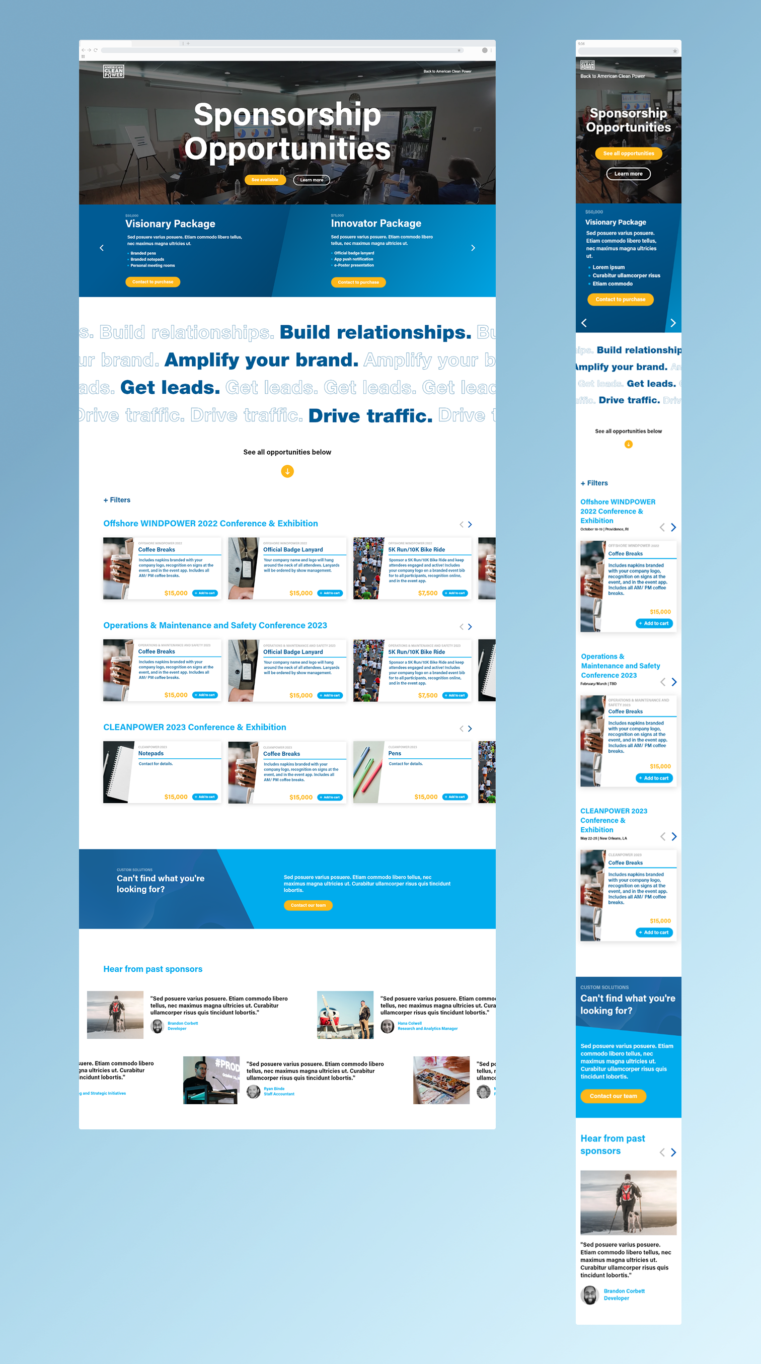 Desktop and mobile mockups of the browsing page of the sponsorship prospectus.