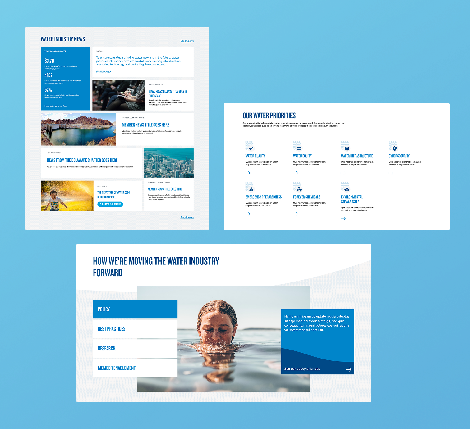 Three high fidelity mockups of the NAWC redesign