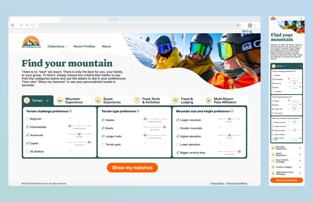 A desktop and mobile mockup of the homepage of Ski Trip Planner.com.