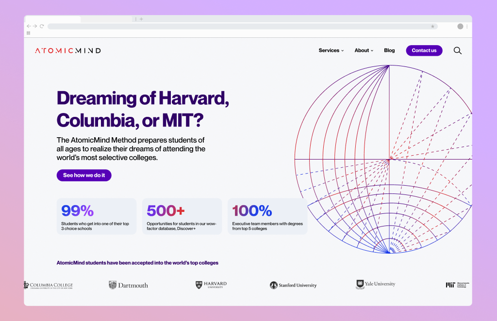 A mockup of the homepage hero of atomicmind.com.