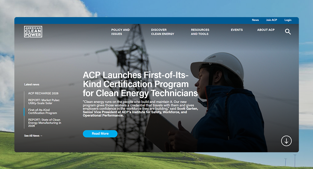 A mockup of the homepage hero section of cleanpower.org.