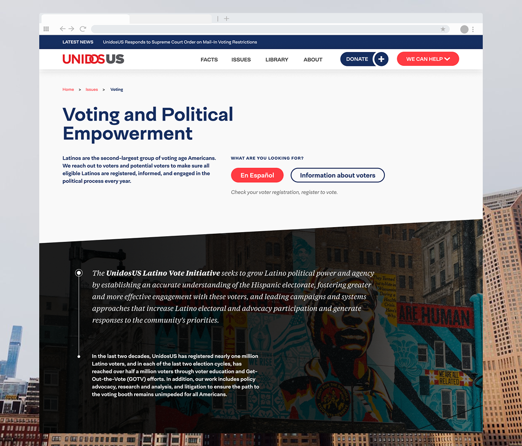A mockup of one of the pages of the UnidosUS website.